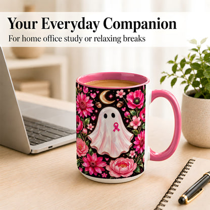 #pl[15oz|Pink] Gem Style Pink Ghost Coffee Mug, Awareness Ribbon Mug, Ceramic Cup