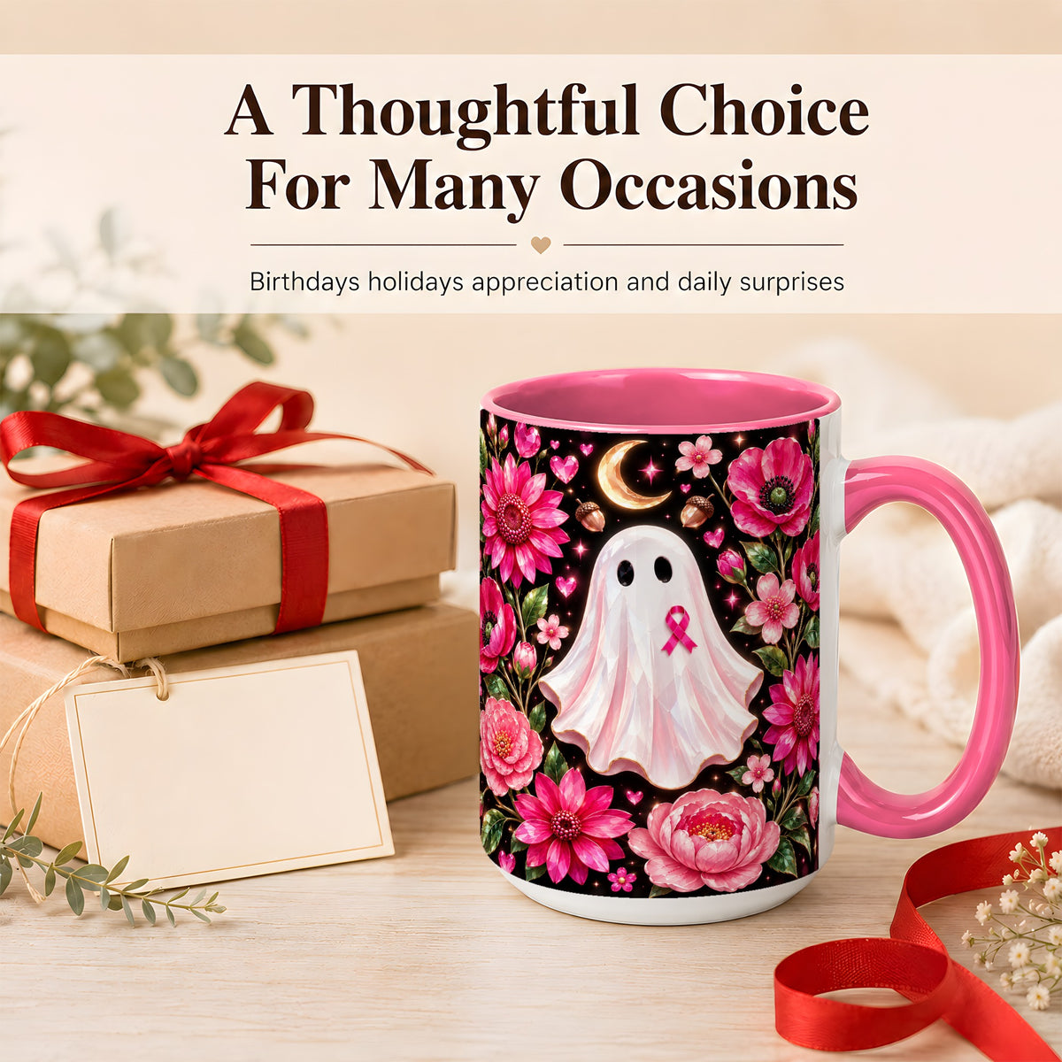 #pl[15oz|Pink] Gem Style Pink Ghost Coffee Mug, Awareness Ribbon Mug, Ceramic Cup