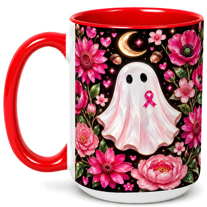 #pl[15oz|Red] Gem Style Pink Ghost Coffee Mug, Awareness Ribbon Mug, Ceramic Cup