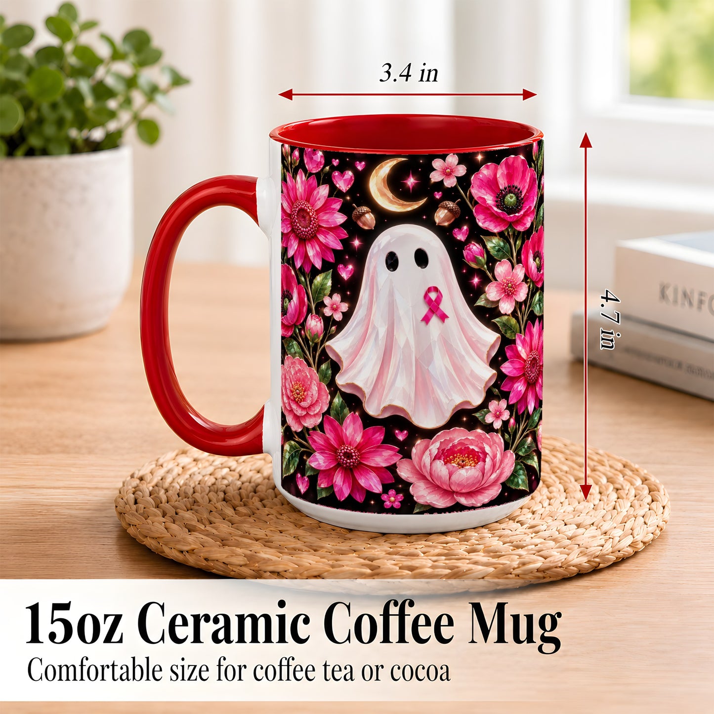 #pl[15oz|Red] Gem Style Pink Ghost Coffee Mug, Awareness Ribbon Mug, Ceramic Cup