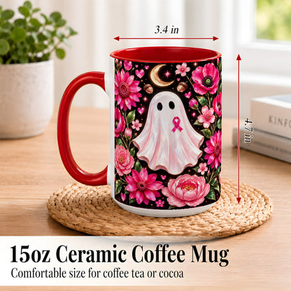 #pl[15oz|Red] Gem Style Pink Ghost Coffee Mug, Awareness Ribbon Mug, Ceramic Cup