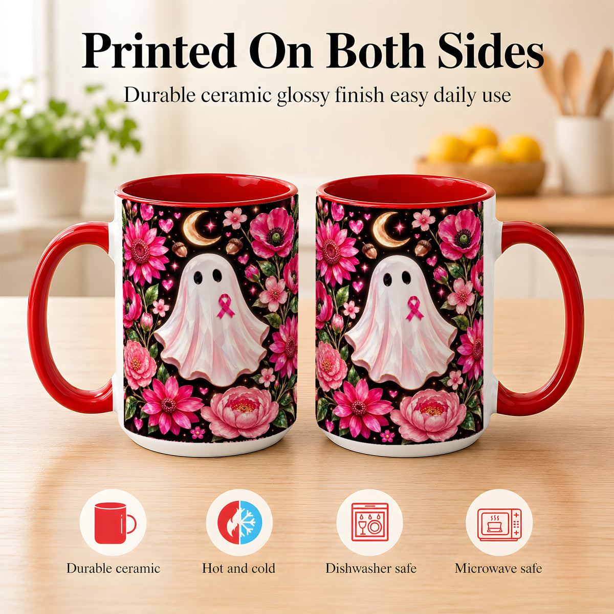 #pl[15oz|Red] Gem Style Pink Ghost Coffee Mug, Awareness Ribbon Mug, Ceramic Cup