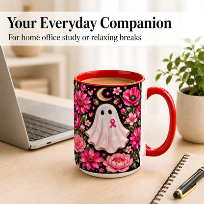 #pl[15oz|Red] Gem Style Pink Ghost Coffee Mug, Awareness Ribbon Mug, Ceramic Cup