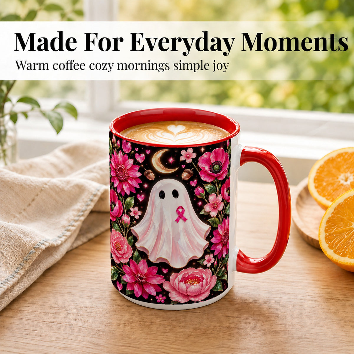 #pl[15oz|Red] Gem Style Pink Ghost Coffee Mug, Awareness Ribbon Mug, Ceramic Cup
