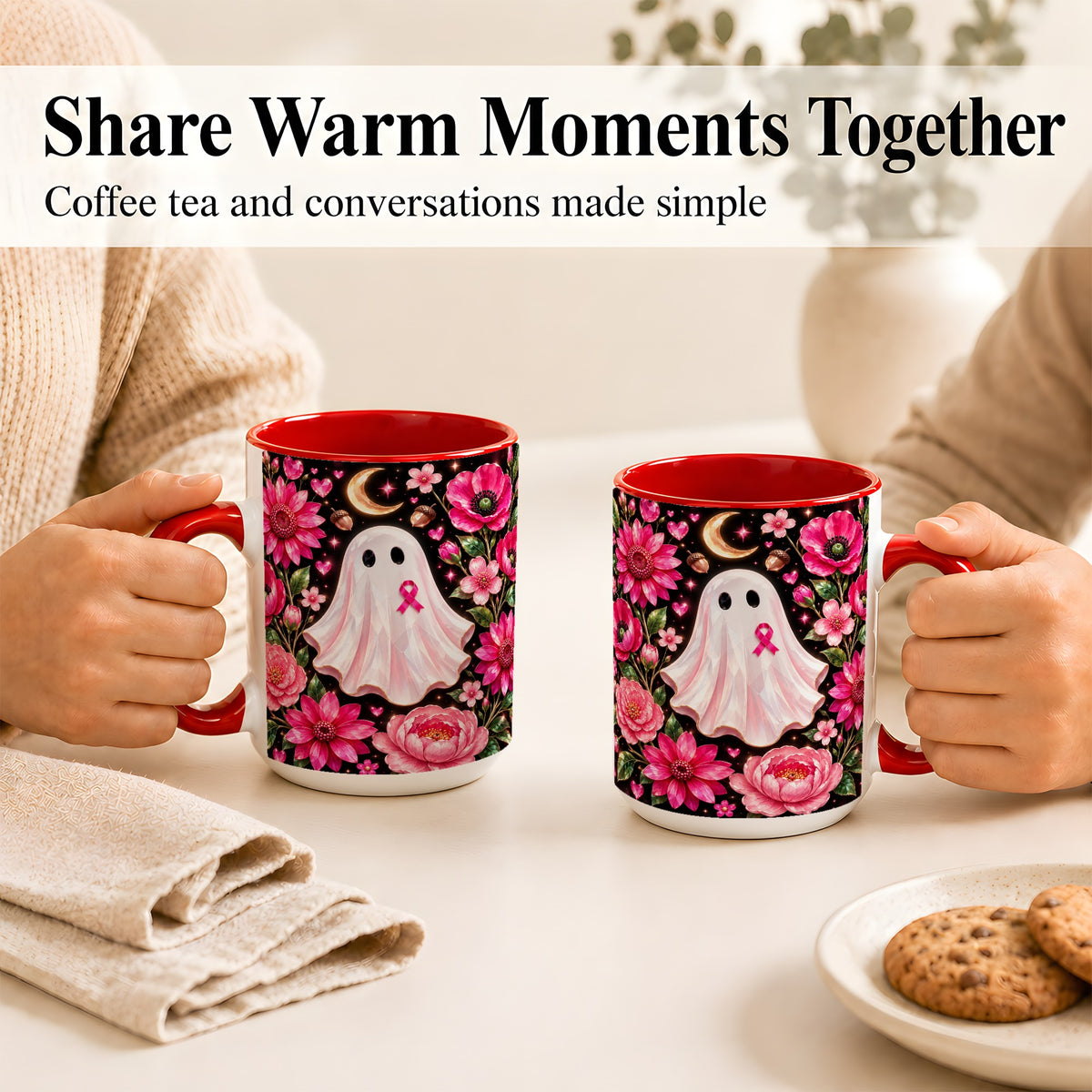 #pl[15oz|Red] Gem Style Pink Ghost Coffee Mug, Awareness Ribbon Mug, Ceramic Cup