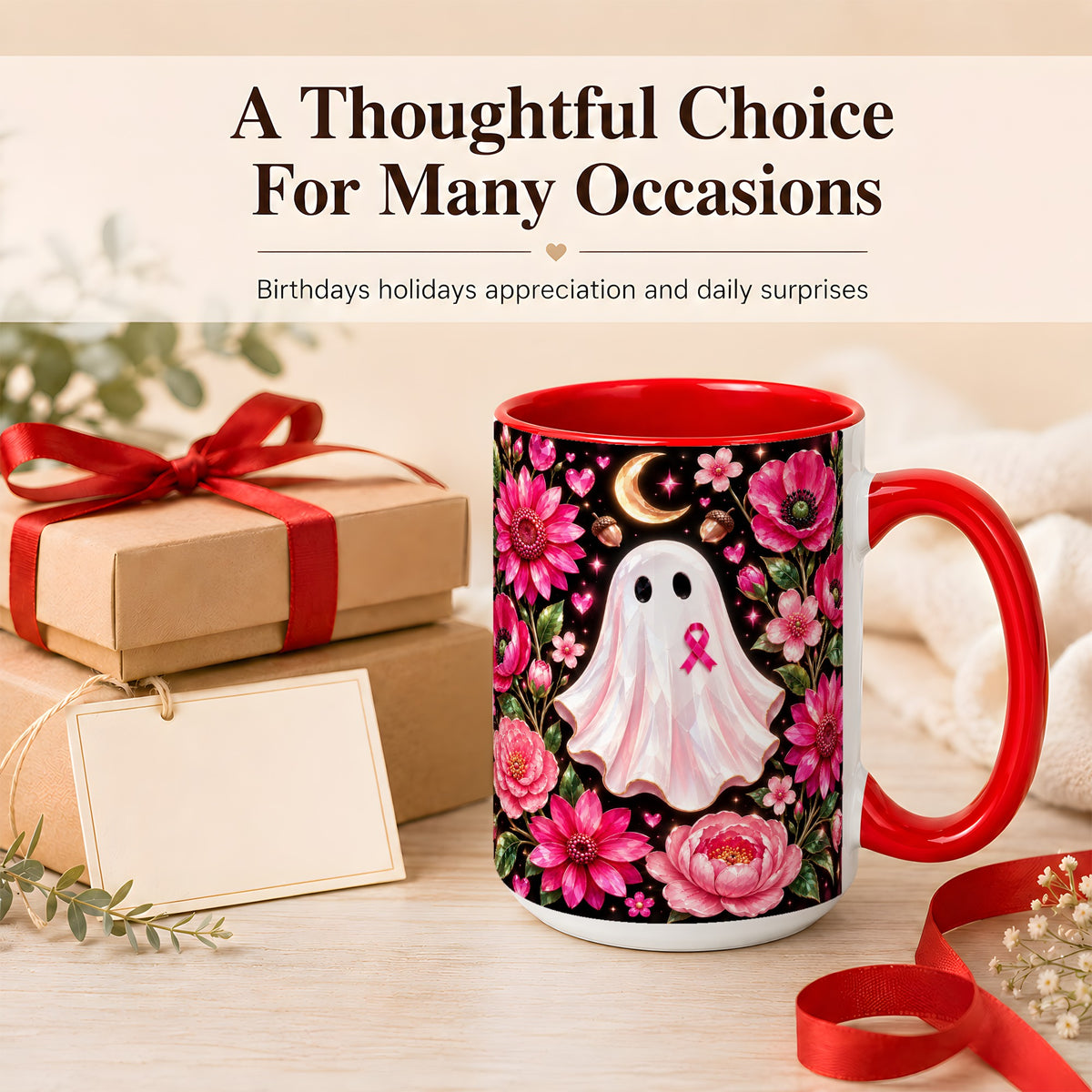 #pl[15oz|Red] Gem Style Pink Ghost Coffee Mug, Awareness Ribbon Mug, Ceramic Cup
