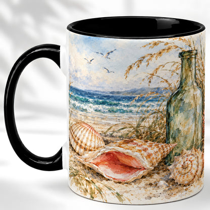 #pl[11oz|Black] Watercolor Coastal Seashell Coffee Mug, Beach Bottle Mug, Ceramic Cup