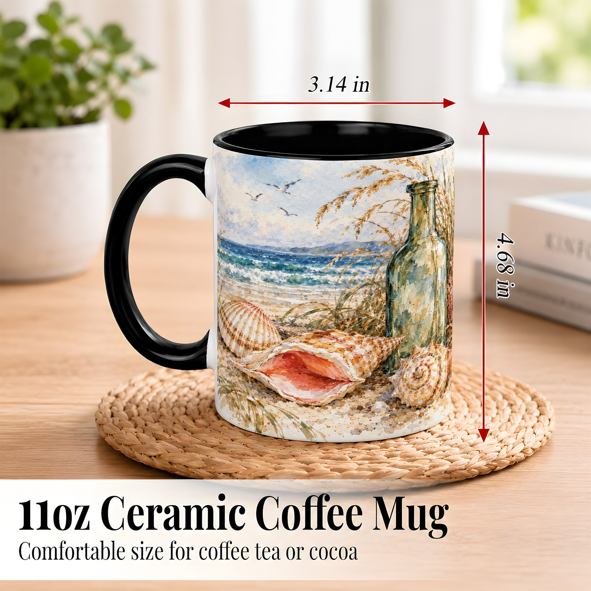 #pl[11oz|Black] Watercolor Coastal Seashell Coffee Mug, Beach Bottle Mug, Ceramic Cup