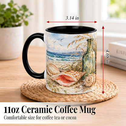 #pl[11oz|Black] Watercolor Coastal Seashell Coffee Mug, Beach Bottle Mug, Ceramic Cup