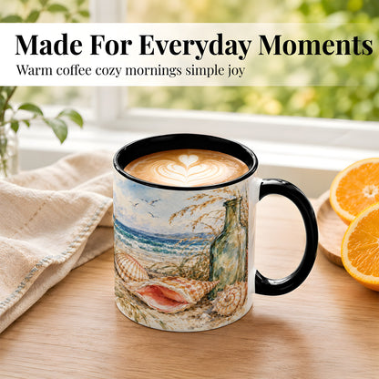 #pl[11oz|Black] Watercolor Coastal Seashell Coffee Mug, Beach Bottle Mug, Ceramic Cup