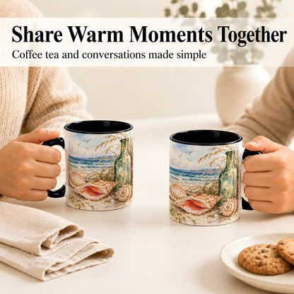 #pl[11oz|Black] Watercolor Coastal Seashell Coffee Mug, Beach Bottle Mug, Ceramic Cup