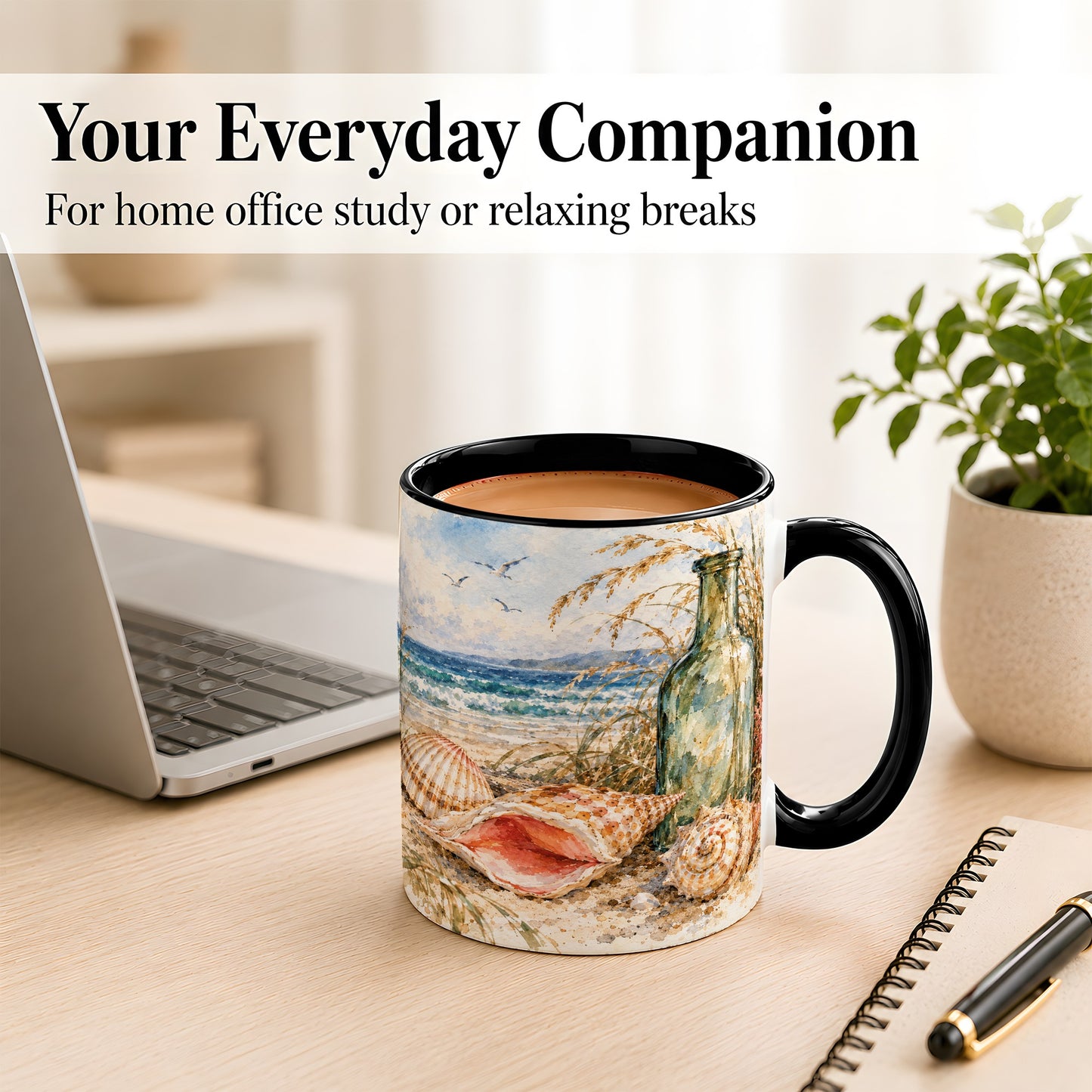 #pl[11oz|Black] Watercolor Coastal Seashell Coffee Mug, Beach Bottle Mug, Ceramic Cup