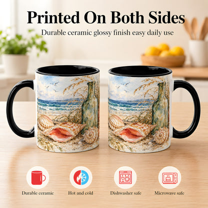 #pl[11oz|Black] Watercolor Coastal Seashell Coffee Mug, Beach Bottle Mug, Ceramic Cup
