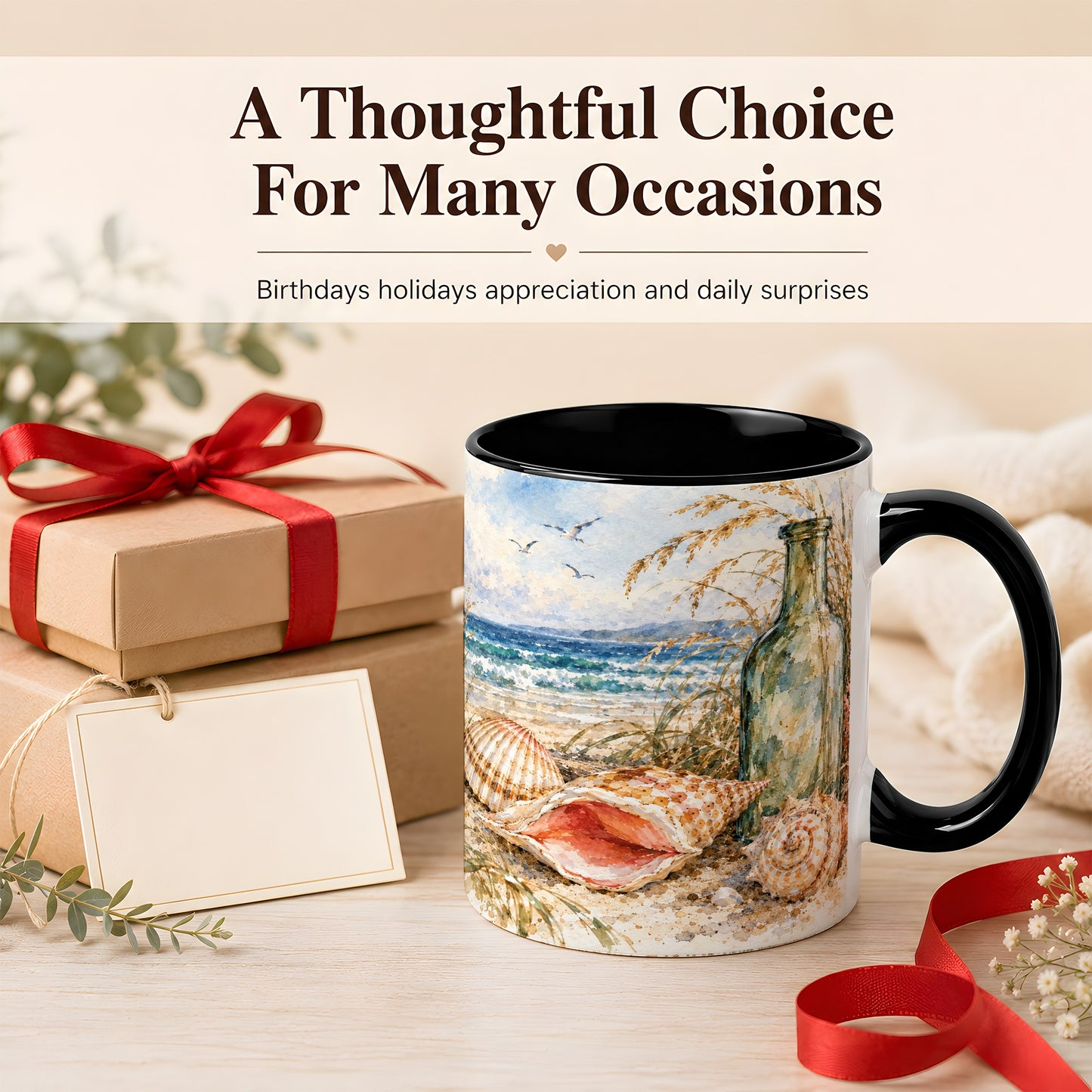 #pl[11oz|Black] Watercolor Coastal Seashell Coffee Mug, Beach Bottle Mug, Ceramic Cup