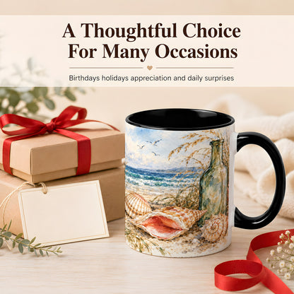 #pl[11oz|Black] Watercolor Coastal Seashell Coffee Mug, Beach Bottle Mug, Ceramic Cup