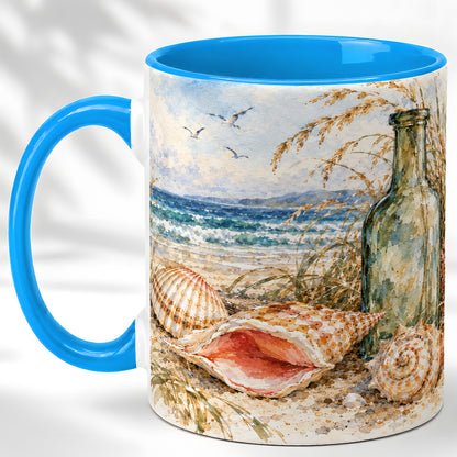 #pl[11oz|Blue] Watercolor Coastal Seashell Coffee Mug, Beach Bottle Mug, Ceramic Cup