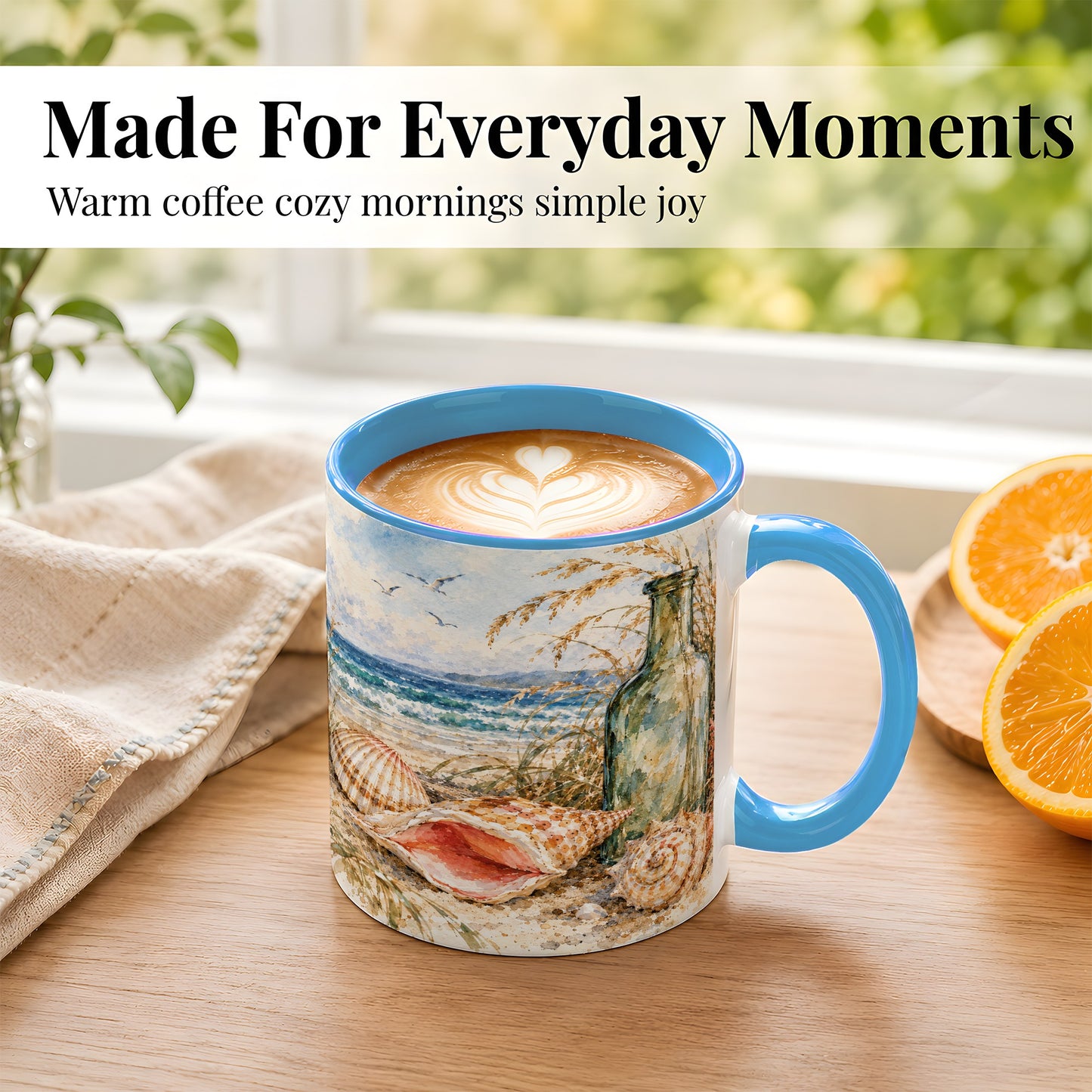 #pl[11oz|Blue] Watercolor Coastal Seashell Coffee Mug, Beach Bottle Mug, Ceramic Cup