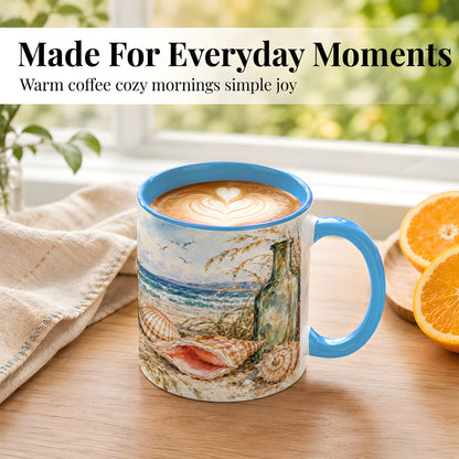 #pl[11oz|Blue] Watercolor Coastal Seashell Coffee Mug, Beach Bottle Mug, Ceramic Cup