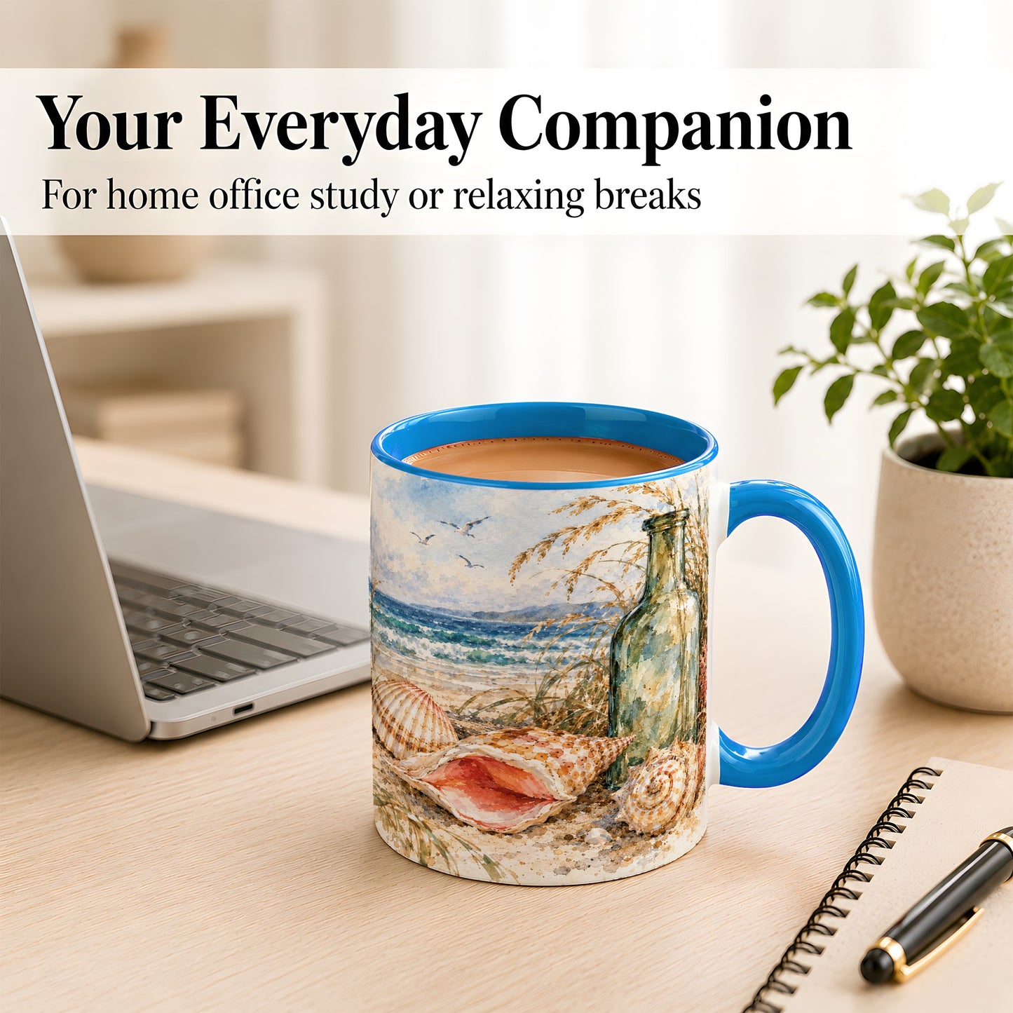 #pl[11oz|Blue] Watercolor Coastal Seashell Coffee Mug, Beach Bottle Mug, Ceramic Cup