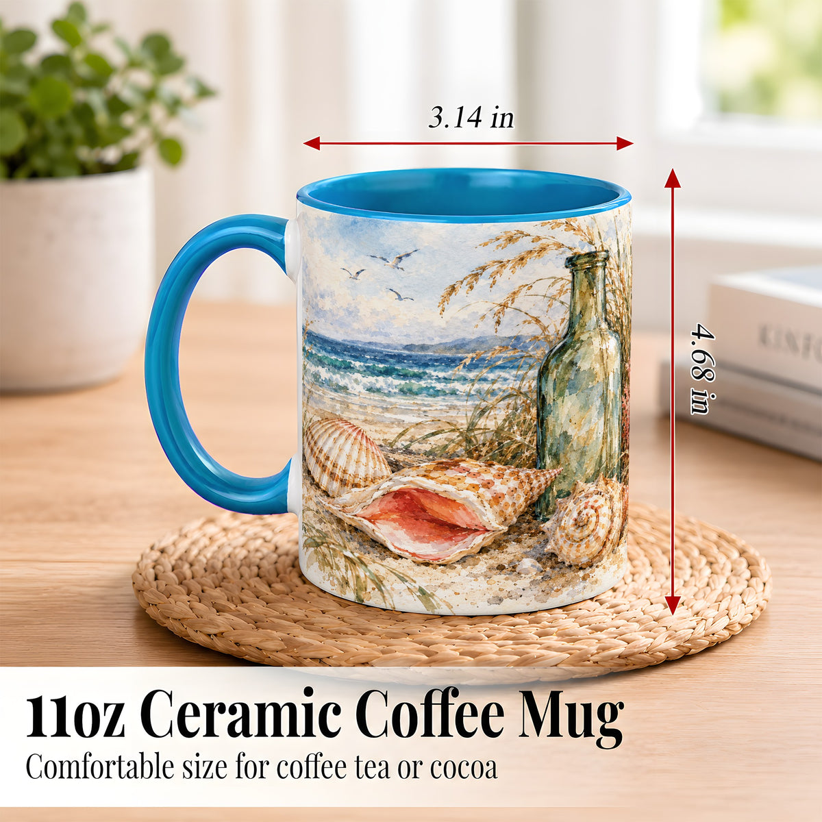 #pl[11oz|Blue] Watercolor Coastal Seashell Coffee Mug, Beach Bottle Mug, Ceramic Cup