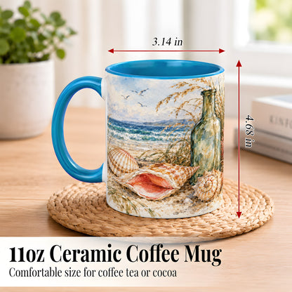 #pl[11oz|Blue] Watercolor Coastal Seashell Coffee Mug, Beach Bottle Mug, Ceramic Cup