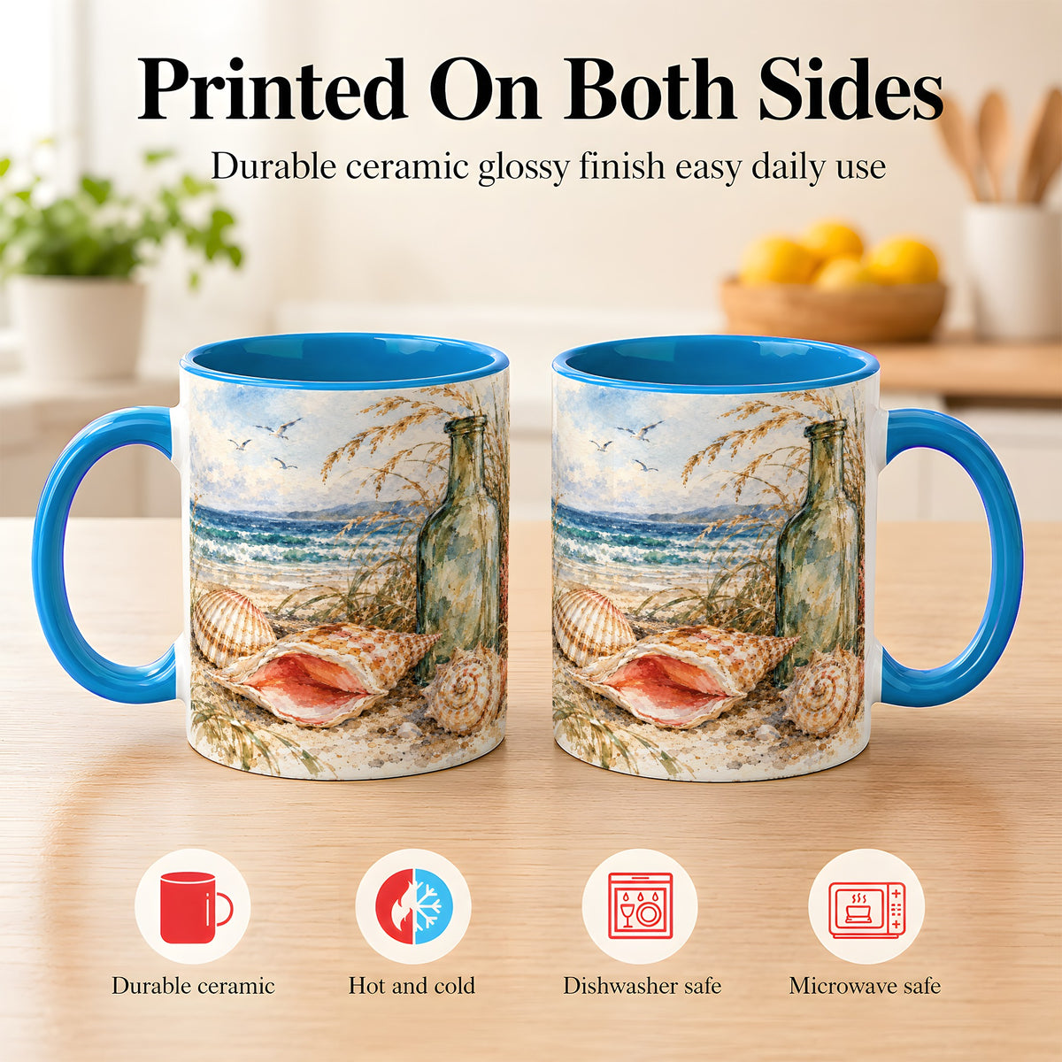 #pl[11oz|Blue] Watercolor Coastal Seashell Coffee Mug, Beach Bottle Mug, Ceramic Cup
