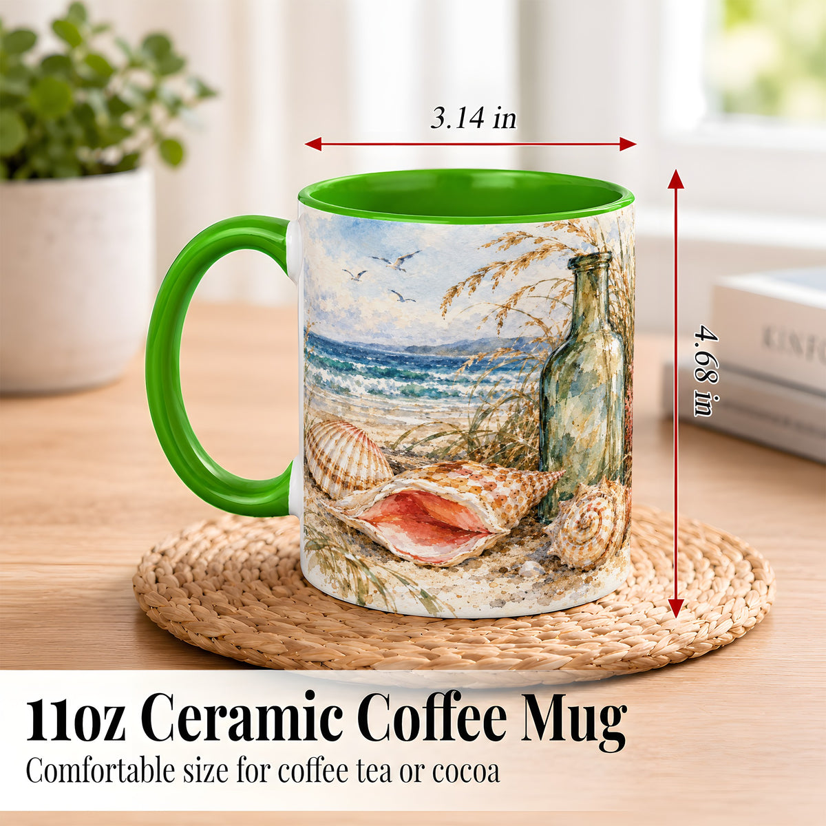 #pl[11oz|Green] Watercolor Coastal Seashell Coffee Mug, Beach Bottle Mug, Ceramic Cup
