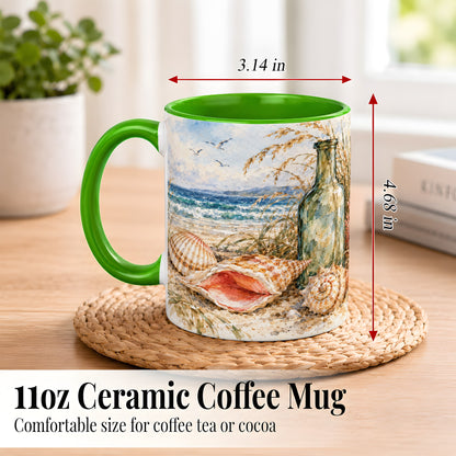 #pl[11oz|Green] Watercolor Coastal Seashell Coffee Mug, Beach Bottle Mug, Ceramic Cup
