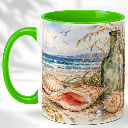 #pl[11oz|Green] Watercolor Coastal Seashell Coffee Mug, Beach Bottle Mug, Ceramic Cup