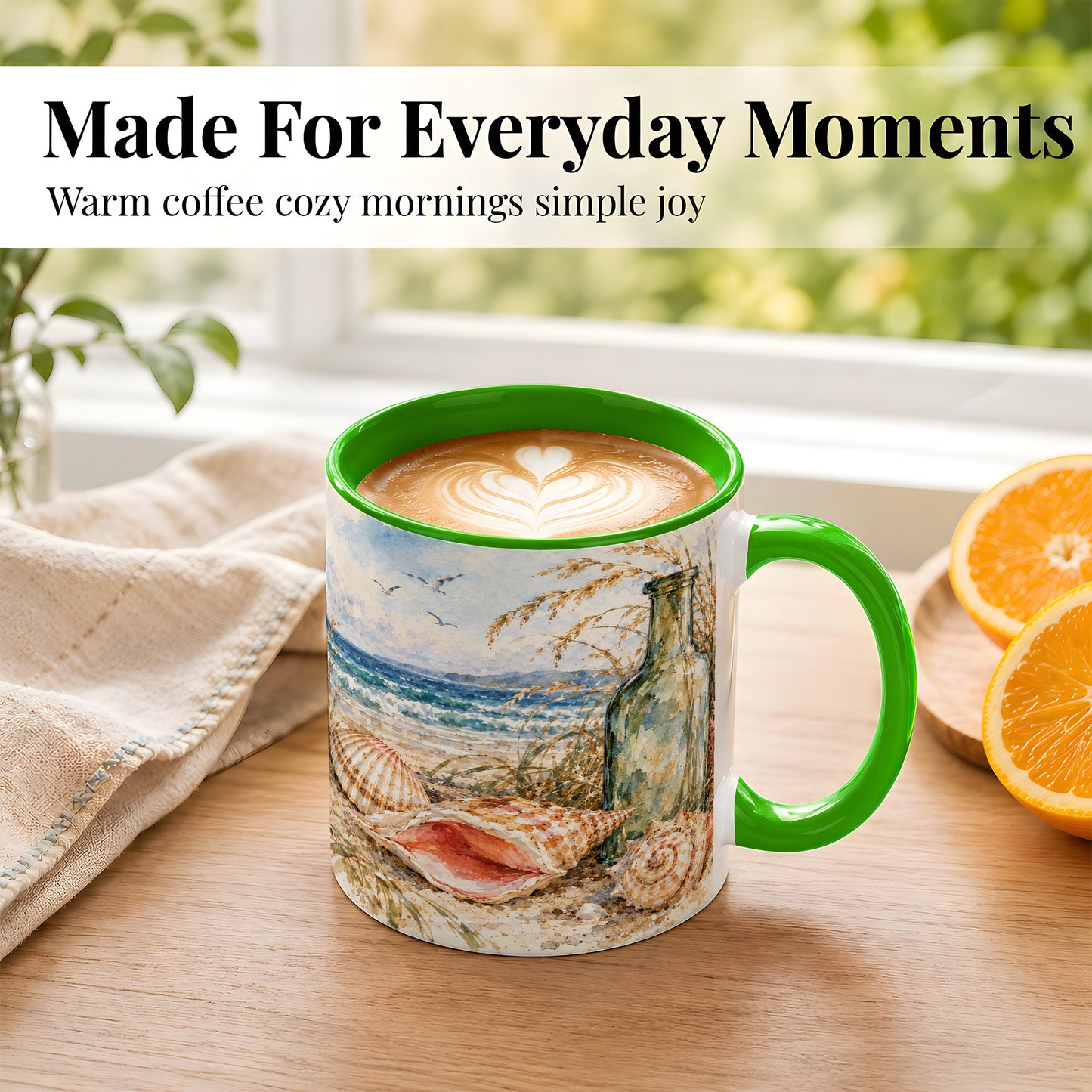 #pl[11oz|Green] Watercolor Coastal Seashell Coffee Mug, Beach Bottle Mug, Ceramic Cup