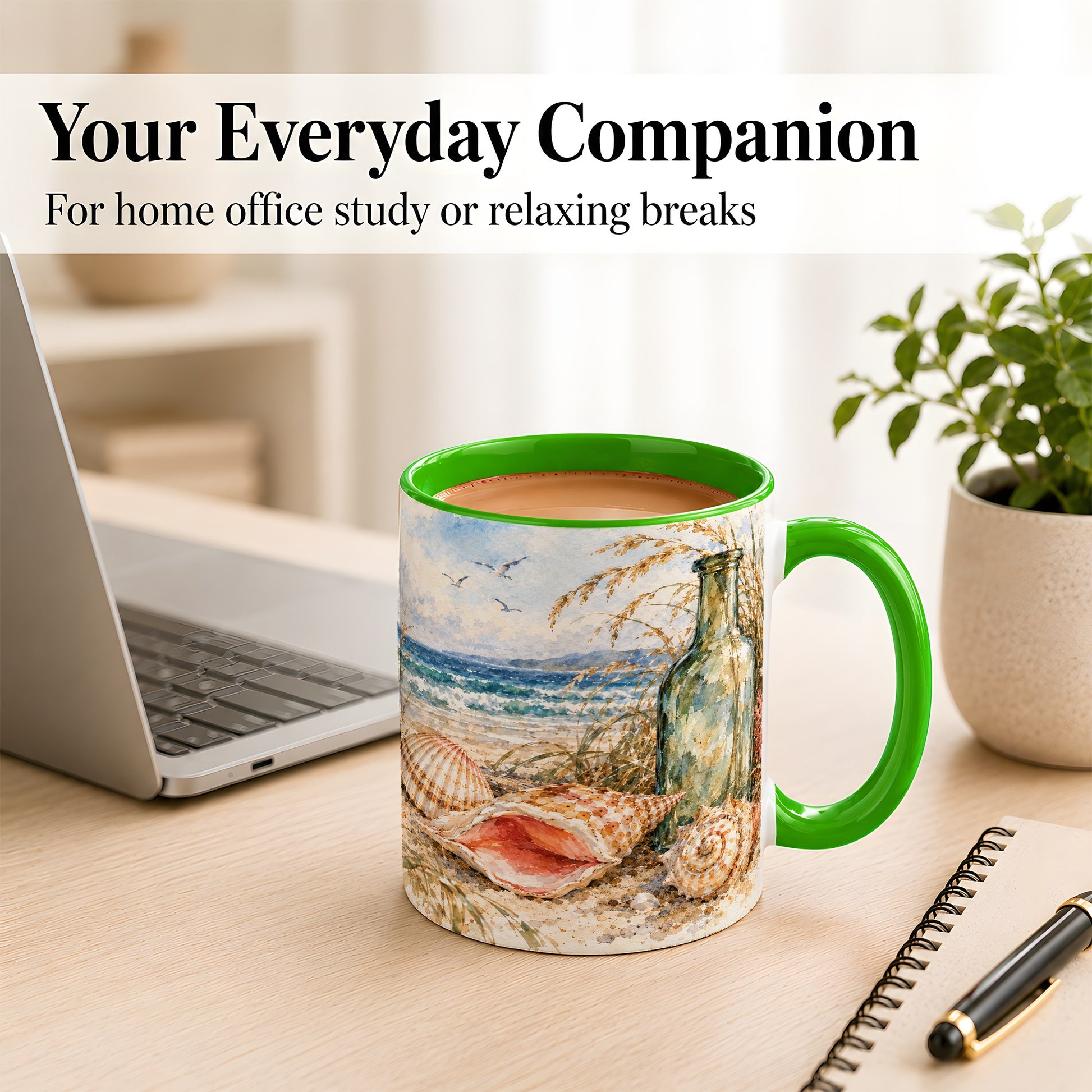 #pl[11oz|Green] Watercolor Coastal Seashell Coffee Mug, Beach Bottle Mug, Ceramic Cup