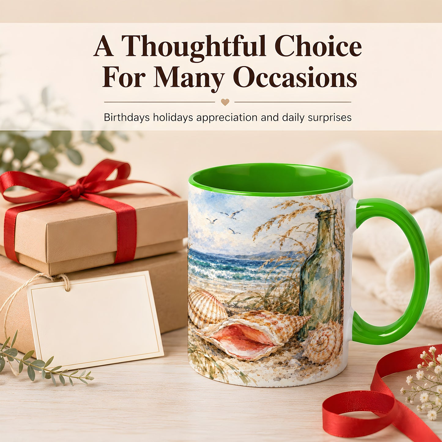 #pl[11oz|Green] Watercolor Coastal Seashell Coffee Mug, Beach Bottle Mug, Ceramic Cup