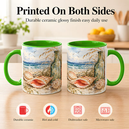 #pl[11oz|Green] Watercolor Coastal Seashell Coffee Mug, Beach Bottle Mug, Ceramic Cup