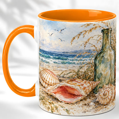 #pl[11oz|Orange] Watercolor Coastal Seashell Coffee Mug, Beach Bottle Mug, Ceramic Cup
