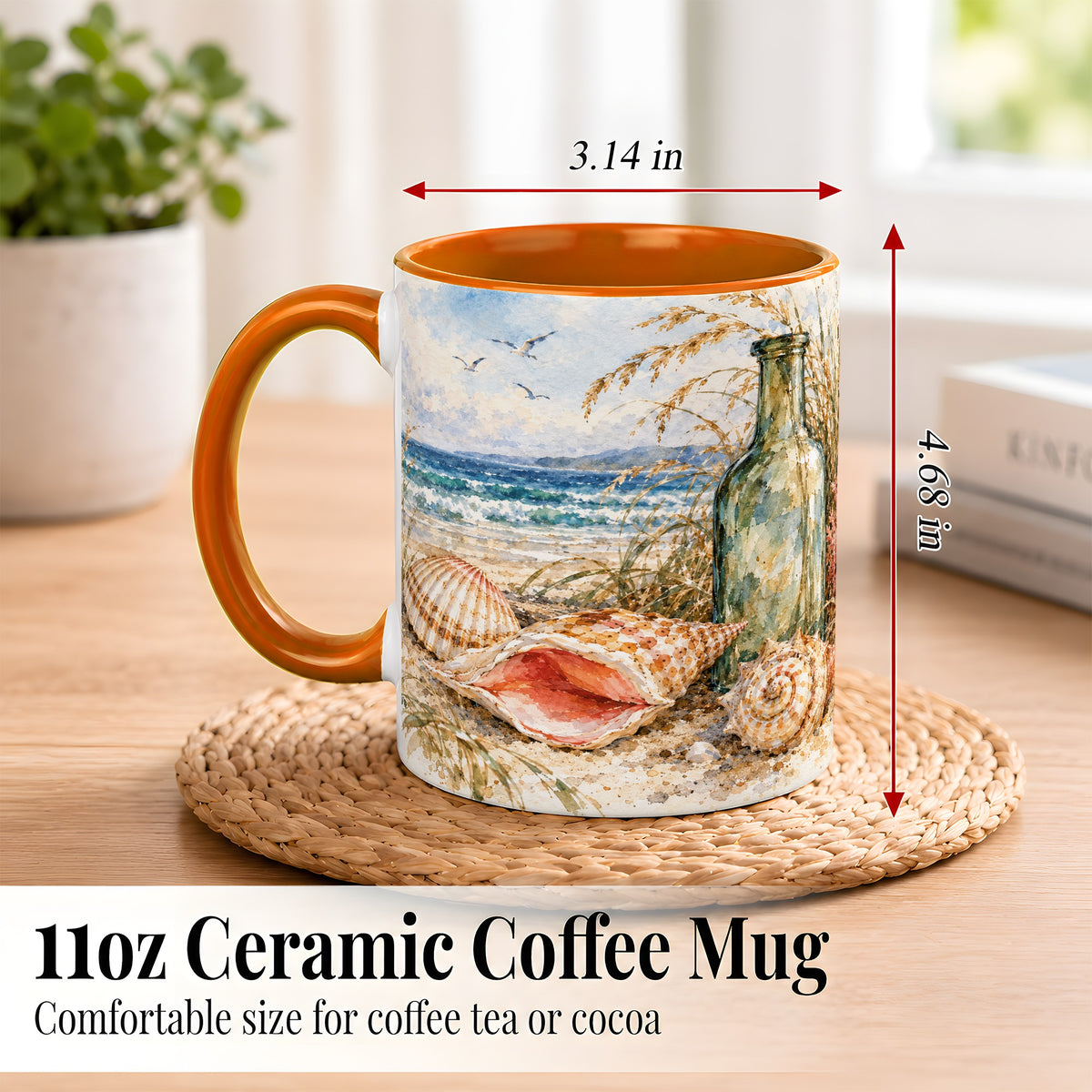 #pl[11oz|Orange] Watercolor Coastal Seashell Coffee Mug, Beach Bottle Mug, Ceramic Cup
