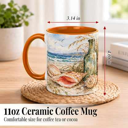 #pl[11oz|Orange] Watercolor Coastal Seashell Coffee Mug, Beach Bottle Mug, Ceramic Cup