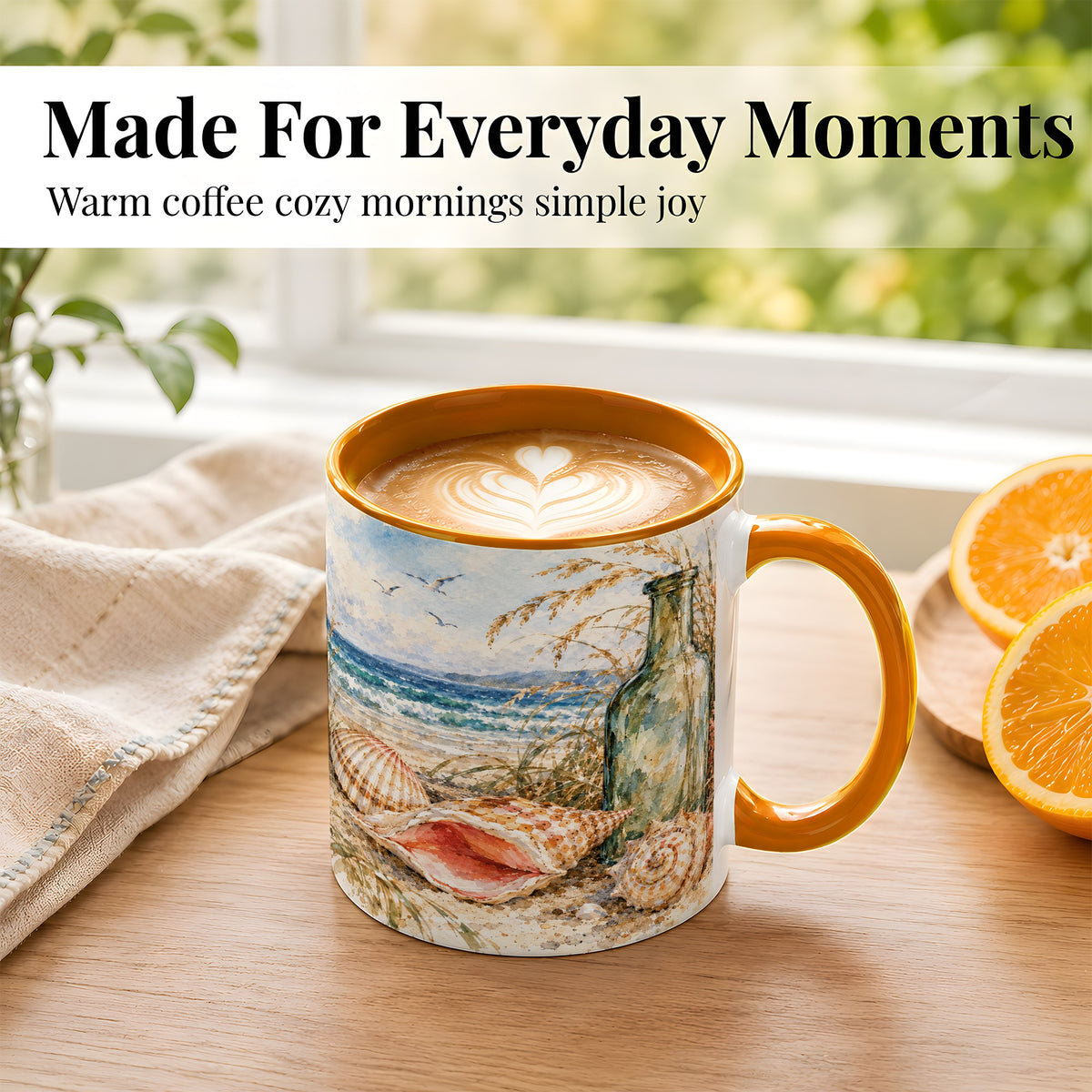 #pl[11oz|Orange] Watercolor Coastal Seashell Coffee Mug, Beach Bottle Mug, Ceramic Cup