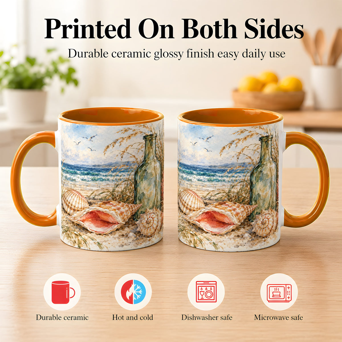 #pl[11oz|Orange] Watercolor Coastal Seashell Coffee Mug, Beach Bottle Mug, Ceramic Cup