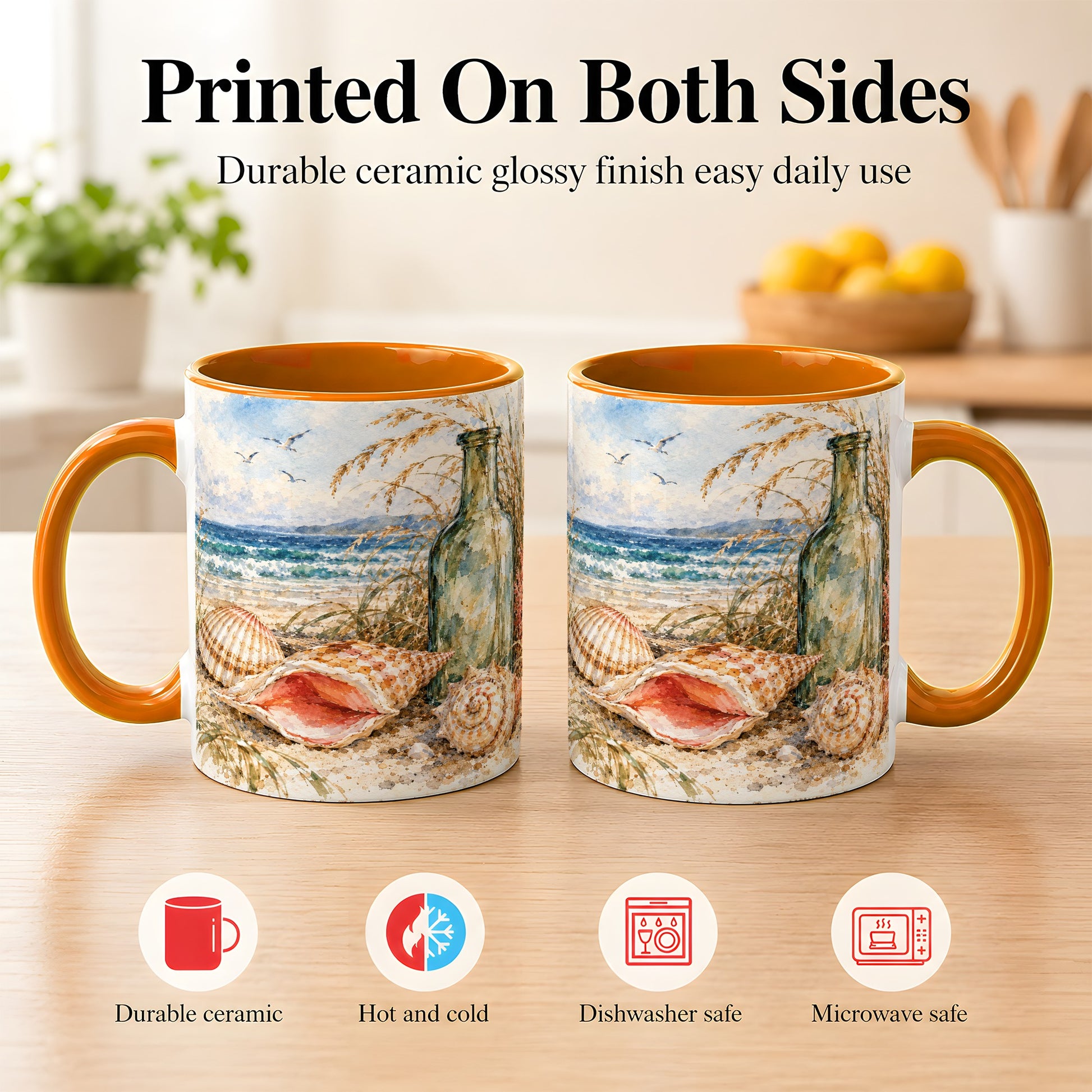 #pl[11oz|Orange] Watercolor Coastal Seashell Coffee Mug, Beach Bottle Mug, Ceramic Cup