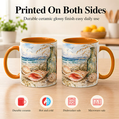 #pl[11oz|Orange] Watercolor Coastal Seashell Coffee Mug, Beach Bottle Mug, Ceramic Cup
