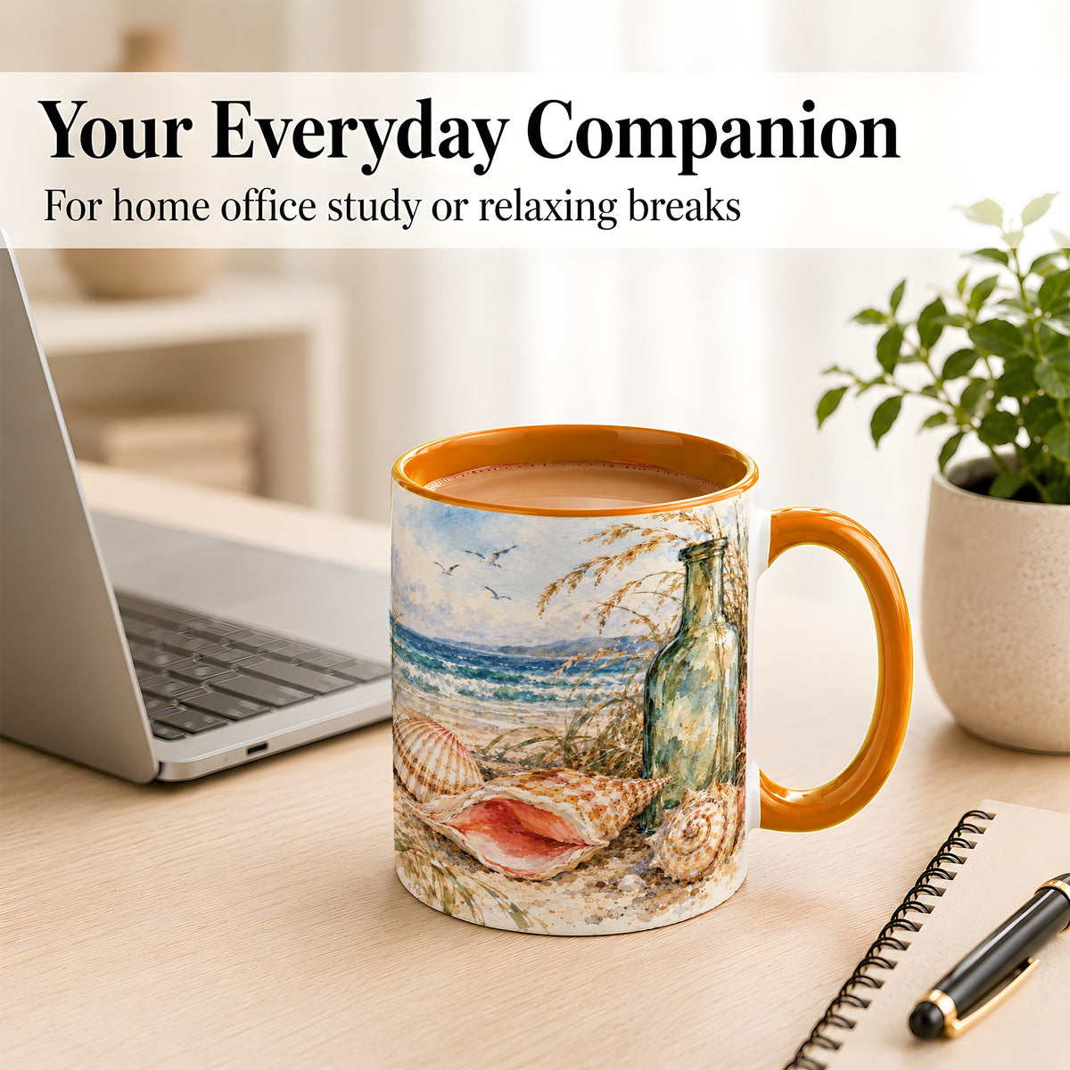 #pl[11oz|Orange] Watercolor Coastal Seashell Coffee Mug, Beach Bottle Mug, Ceramic Cup