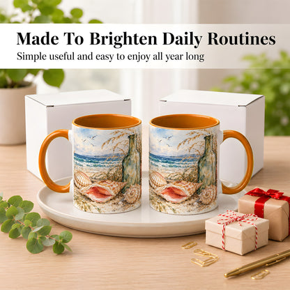 #pl[11oz|Orange] Watercolor Coastal Seashell Coffee Mug, Beach Bottle Mug, Ceramic Cup
