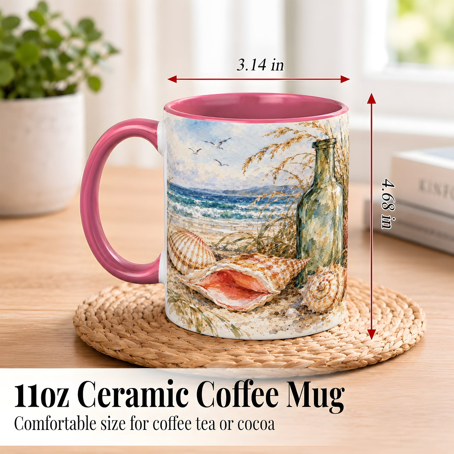 #pl[11oz|Pink] Watercolor Coastal Seashell Coffee Mug, Beach Bottle Mug, Ceramic Cup
