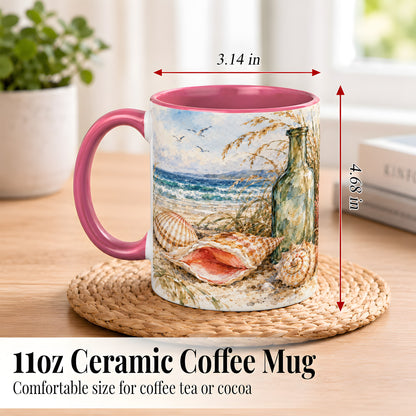 #pl[11oz|Pink] Watercolor Coastal Seashell Coffee Mug, Beach Bottle Mug, Ceramic Cup