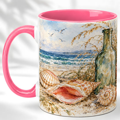 #pl[11oz|Pink] Watercolor Coastal Seashell Coffee Mug, Beach Bottle Mug, Ceramic Cup