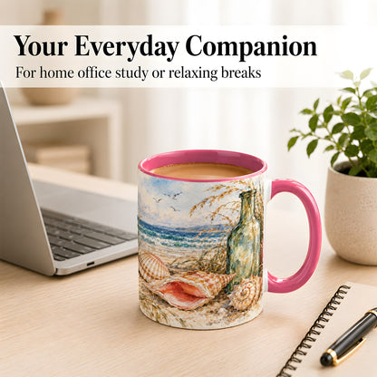 #pl[11oz|Pink] Watercolor Coastal Seashell Coffee Mug, Beach Bottle Mug, Ceramic Cup