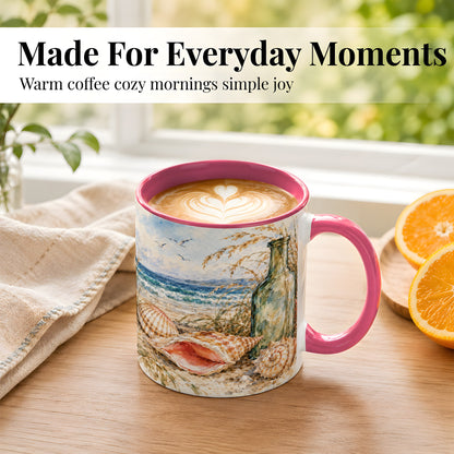 #pl[11oz|Pink] Watercolor Coastal Seashell Coffee Mug, Beach Bottle Mug, Ceramic Cup