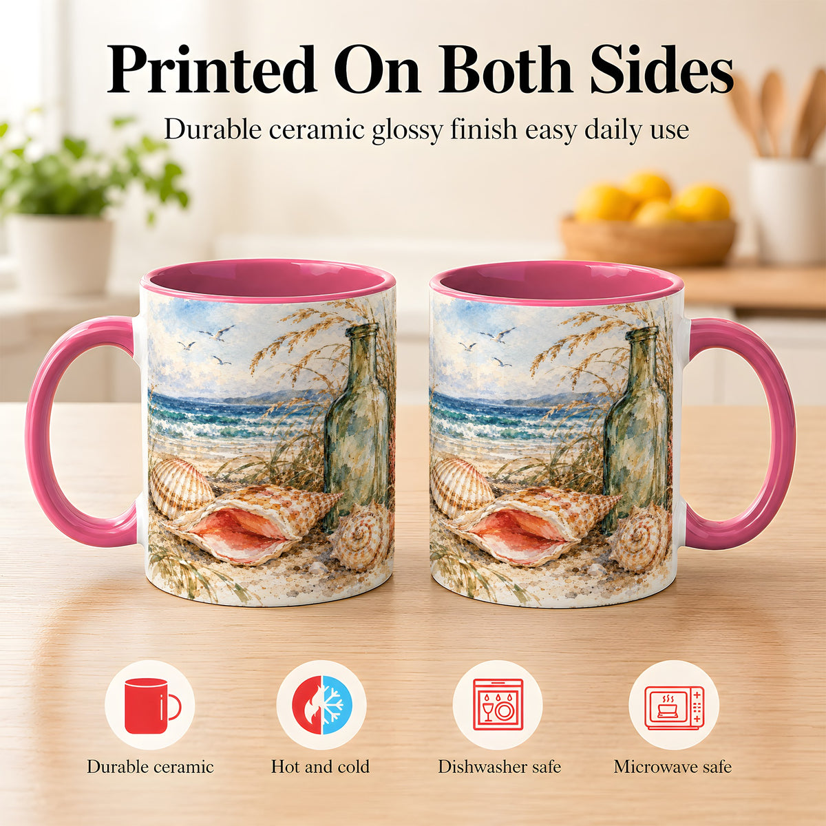 #pl[11oz|Pink] Watercolor Coastal Seashell Coffee Mug, Beach Bottle Mug, Ceramic Cup