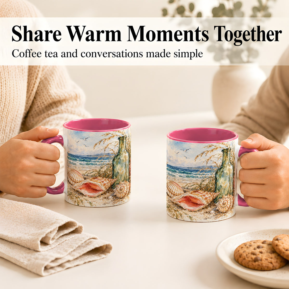 #pl[11oz|Pink] Watercolor Coastal Seashell Coffee Mug, Beach Bottle Mug, Ceramic Cup