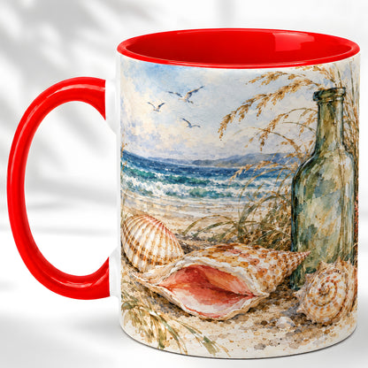 Watercolor Coastal Seashell Coffee Mug, Beach Bottle Mug, Ceramic Cup